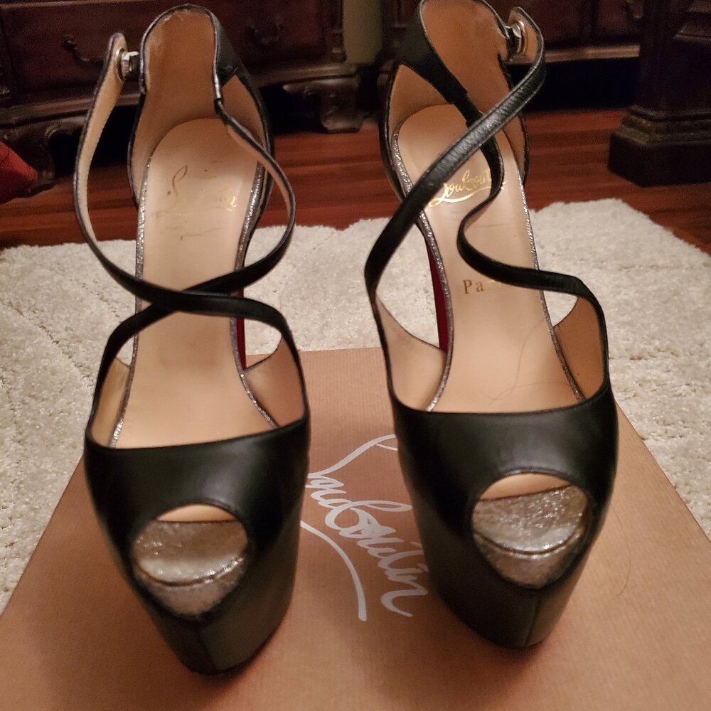 Christian Louboutin Exagona 160 Black Leather w/ Silver Glitter Accent  EU 36.5